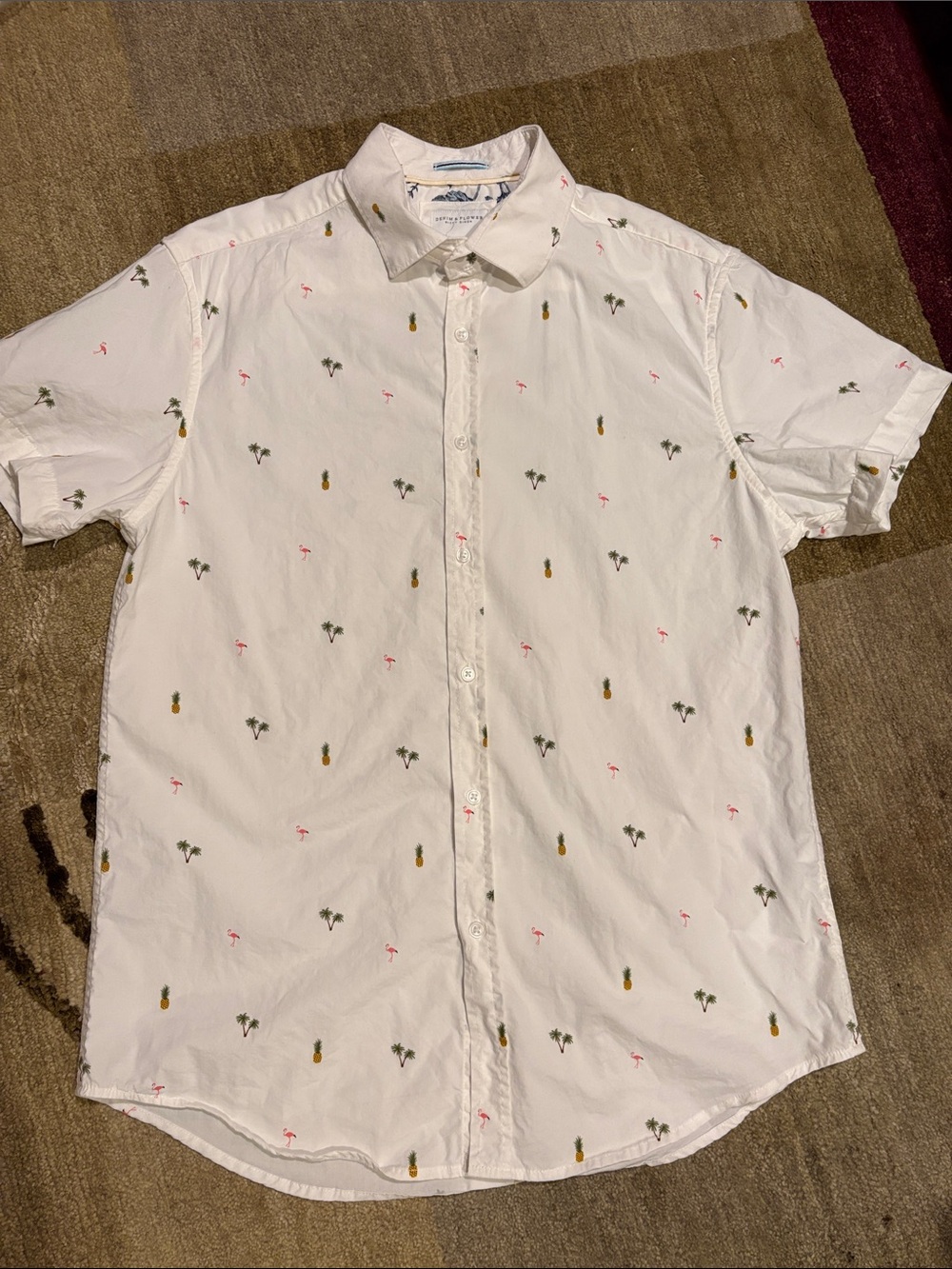 Denim & Flower White Short-Sleeve Button-Down with Pineapple & Palm Motifs